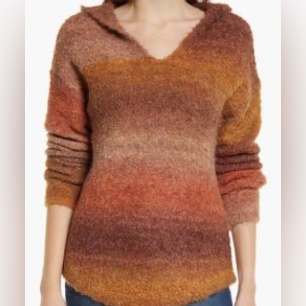 NWT Caslon Hooded Fuzzy Ombre Sweater in Brown and Orange - Size S